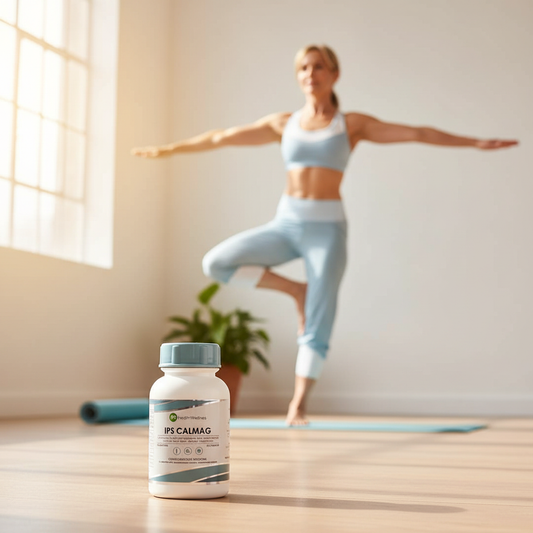 IPS CalMag lifestyle shot with mature woman doing yoga in a bright airy studio