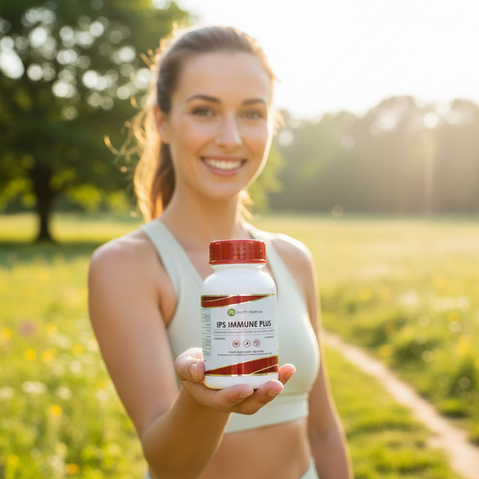 IPS Immune Plus lifestyle shot with healthy energetic person outdoors in natural light