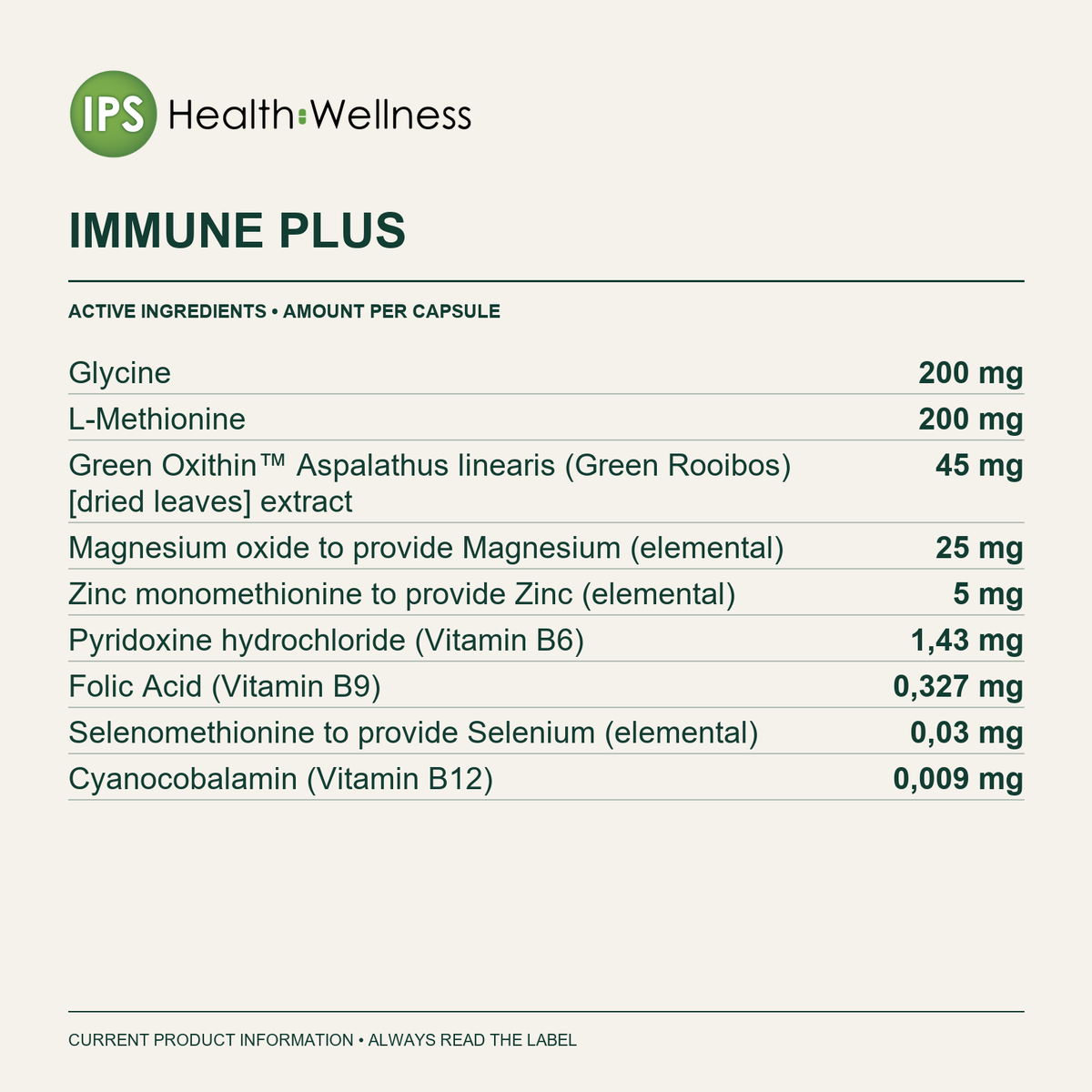 Immune Plus active ingredients and quantities