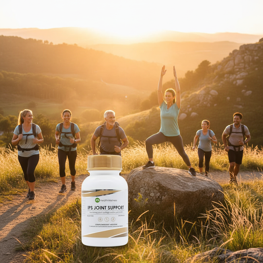IPS Joint Support lifestyle shot with active person hiking outdoors in warm golden tones