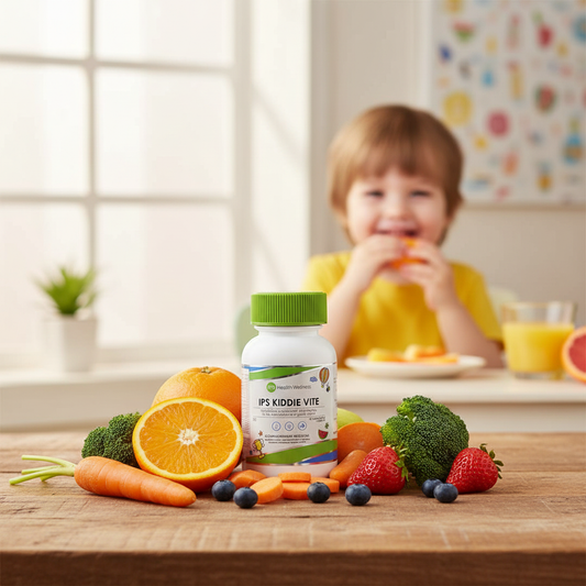 Kiddie Vite lifestyle shot with happy child and fresh colourful produce