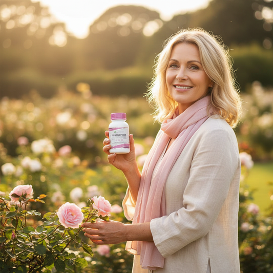 IPS Menopause lifestyle shot with confident radiant woman in her 50s enjoying life outdoors