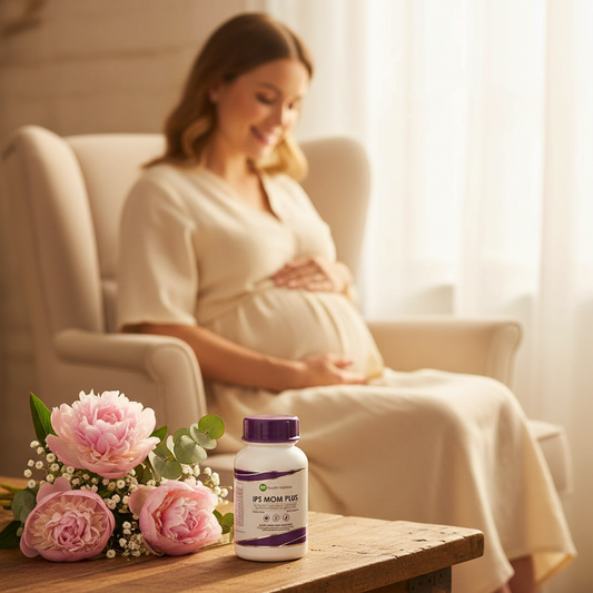 Mom Plus lifestyle shot with glowing pregnant woman in soft golden light