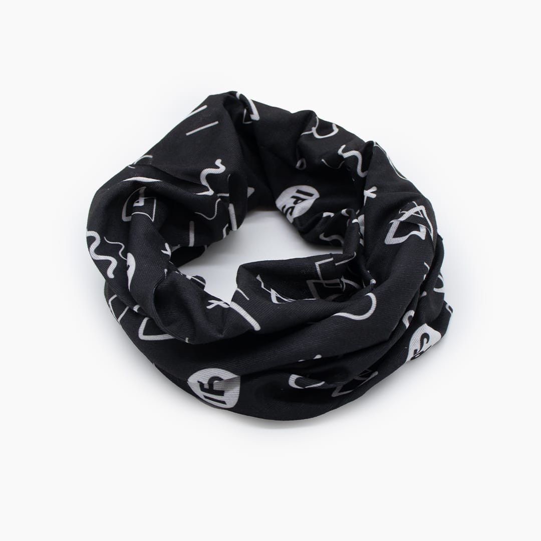 Black IPS Blazing Buff neck gaiter with white geometric pattern