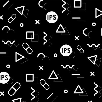 Close-up of the Blazing Buff fabric pattern with white IPS logos and geometric shapes