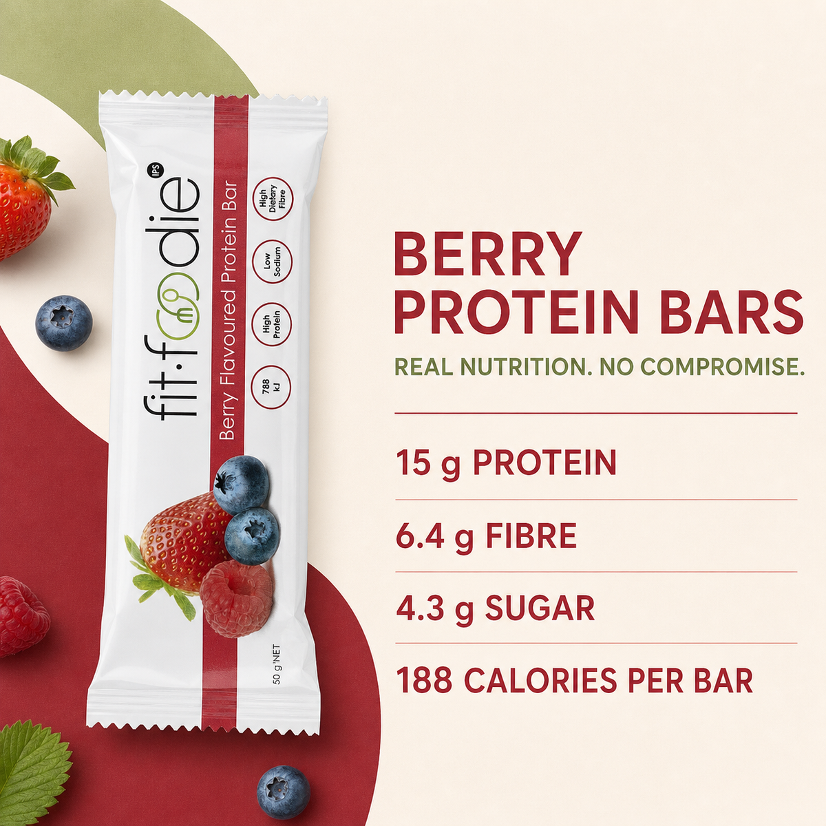 Berry Protein Bars nutrition snapshot with protein, fibre, sugar and calorie highlights