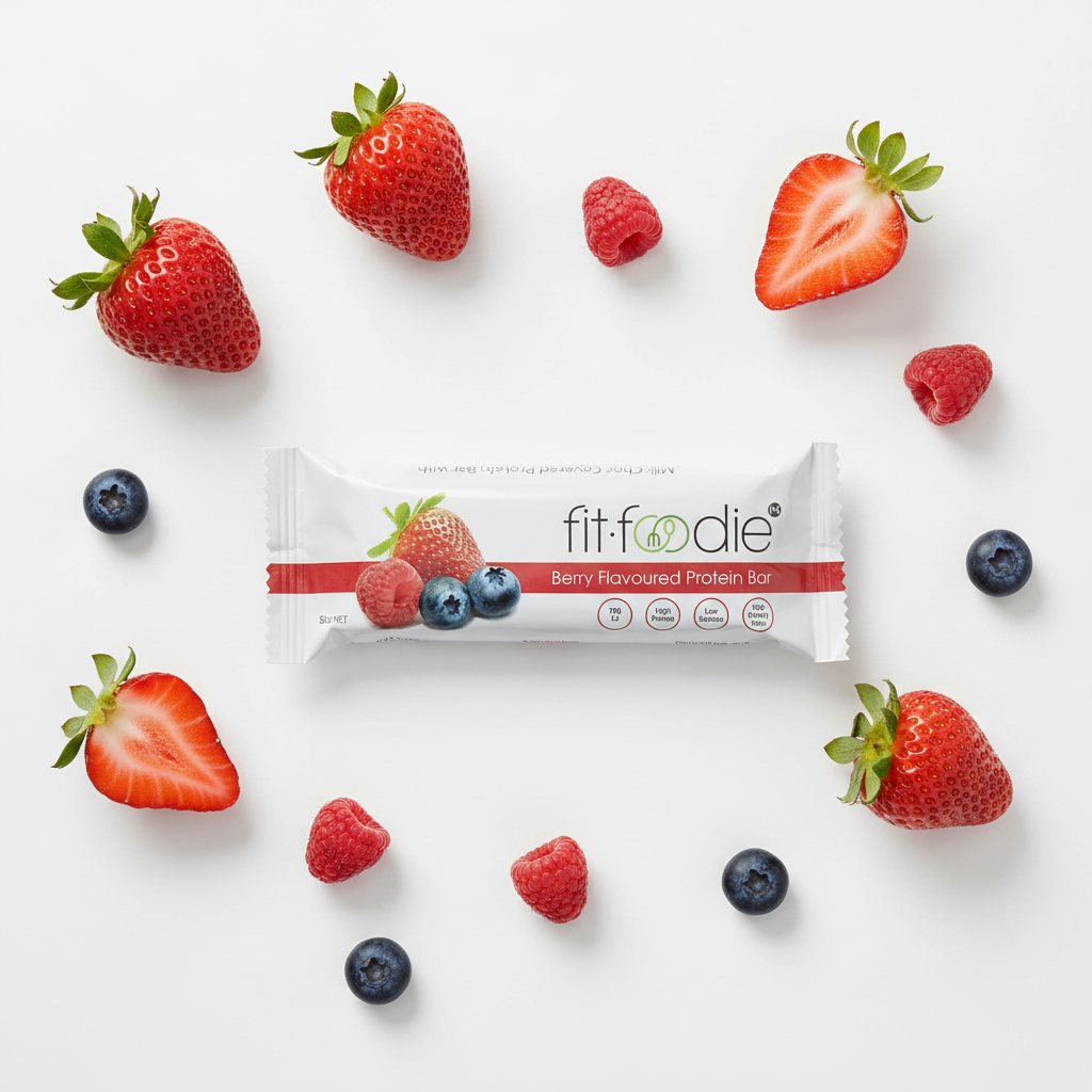 Fit Foodie Berry Protein Bar flat lay with fresh berries