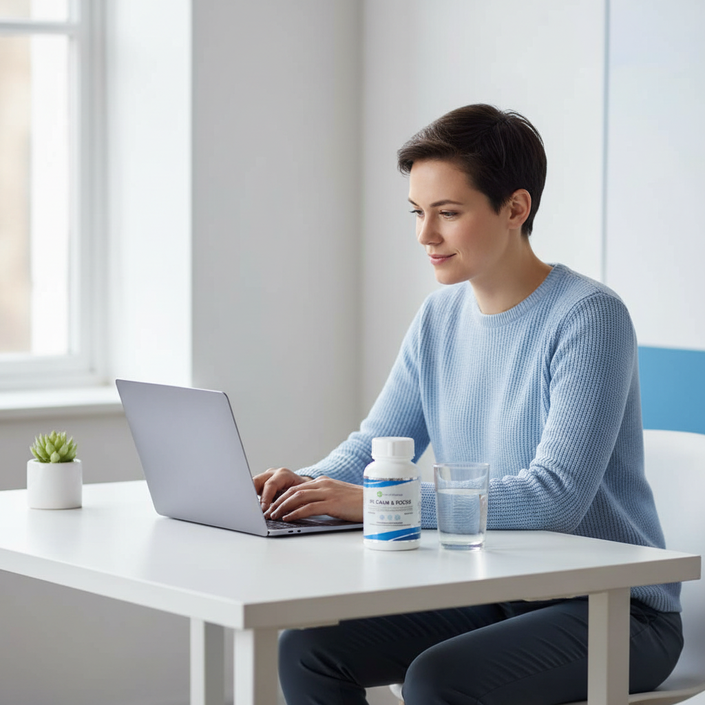 Person working calmly at a desk with IPS Calm and Focus supplement