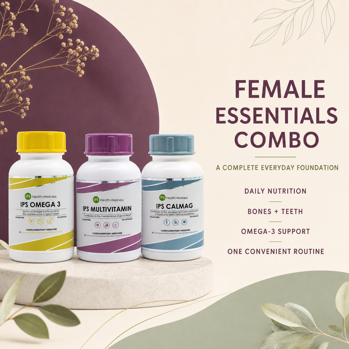 Female Essentials Combo benefit snapshot for daily nutrition, bones, teeth and omega-3 support