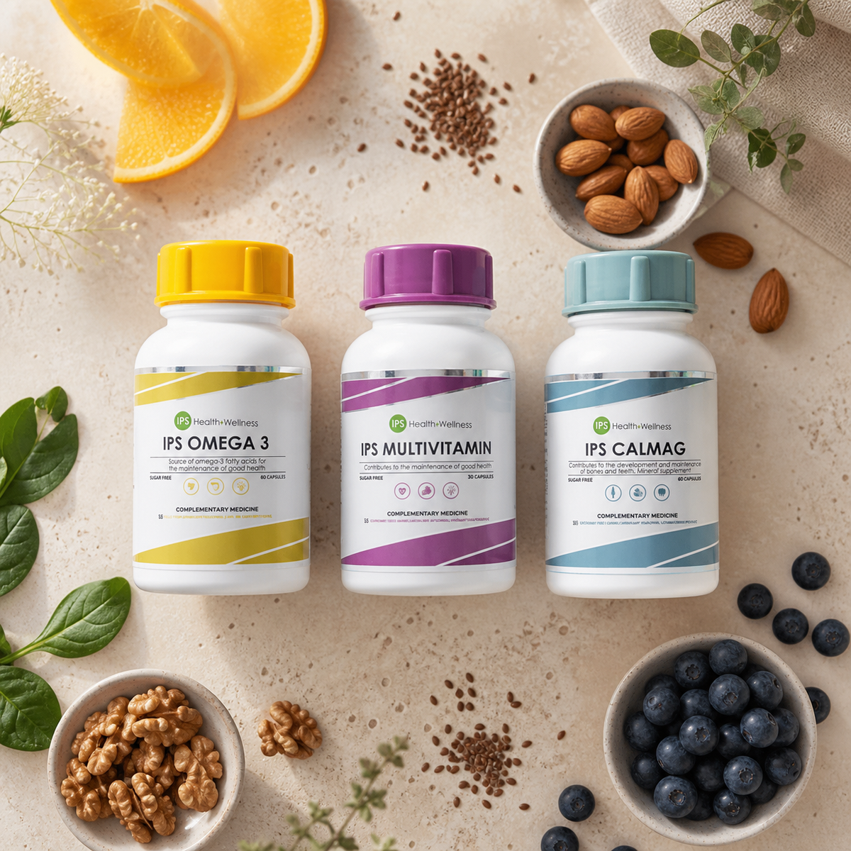Female Essentials Combo flat lay with fruit, greens, nuts and seeds