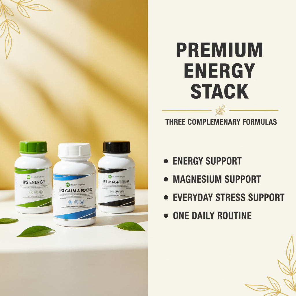 Premium Energy Stack benefit snapshot for energy, magnesium and everyday stress support