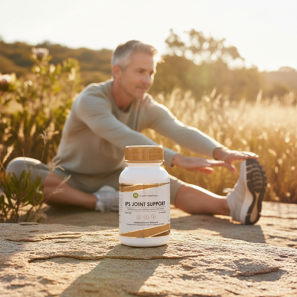 IPS Joint Support lifestyle – bottle in foreground with South African outdoor scene