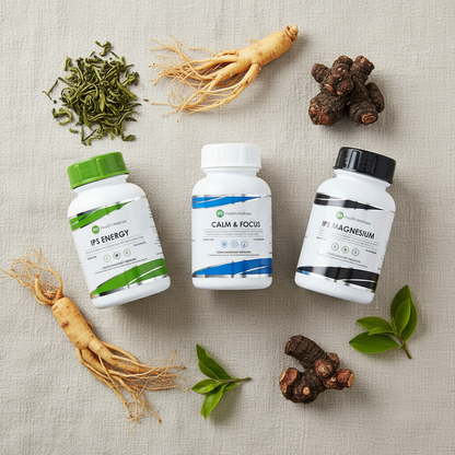 IPS Premium Energy Stack flat lay with botanicals