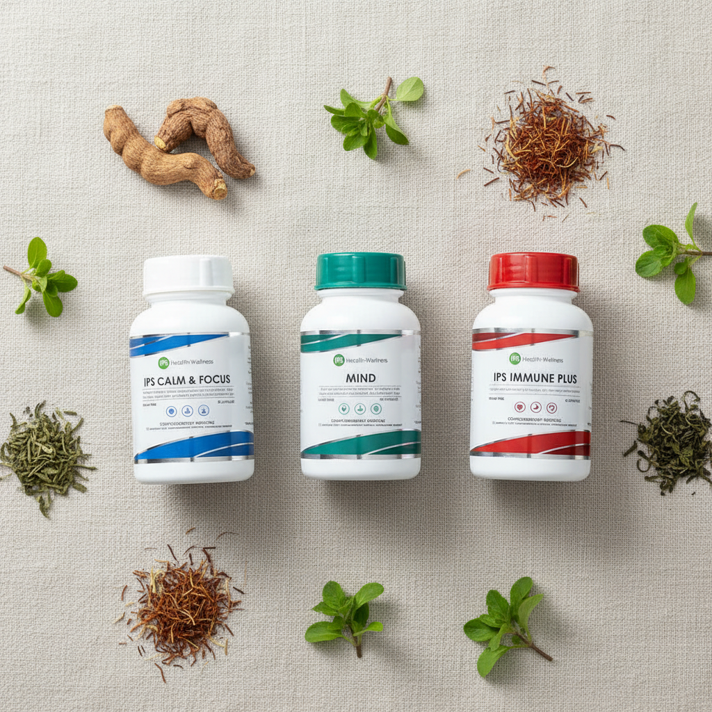 IPS Premium Stress Stack flat lay with botanicals