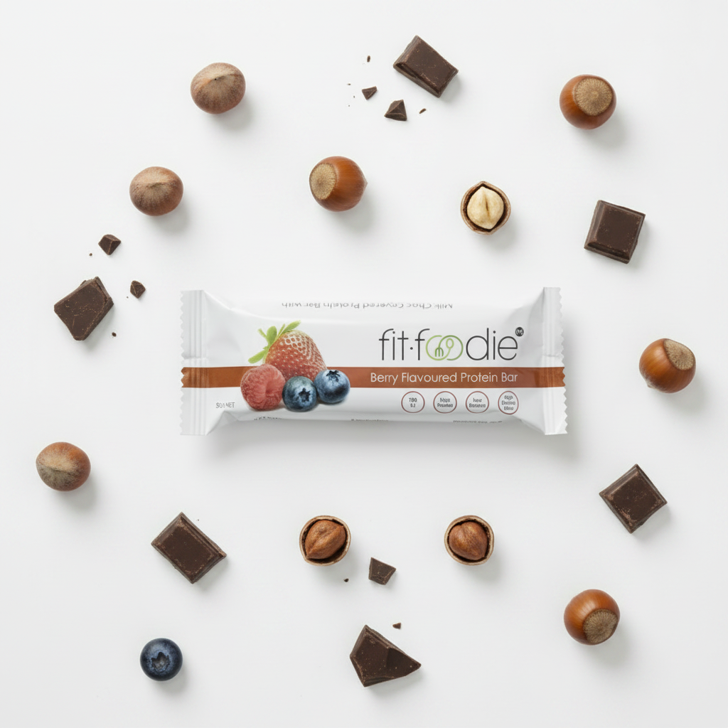 Choc Nut Protein Bar flat-lay with hazelnuts and dark chocolate