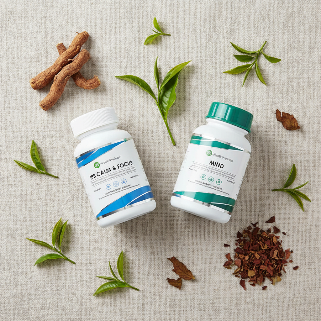 IPS Starter Stress Stack flat lay with botanicals