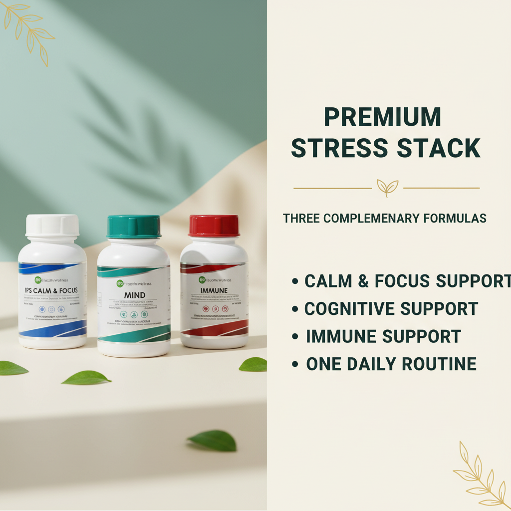 Premium Stress Stack benefit snapshot – calm, focus, cognitive and immune support