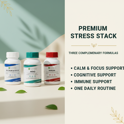 Premium Stress Stack benefit snapshot – calm, focus, cognitive and immune support
