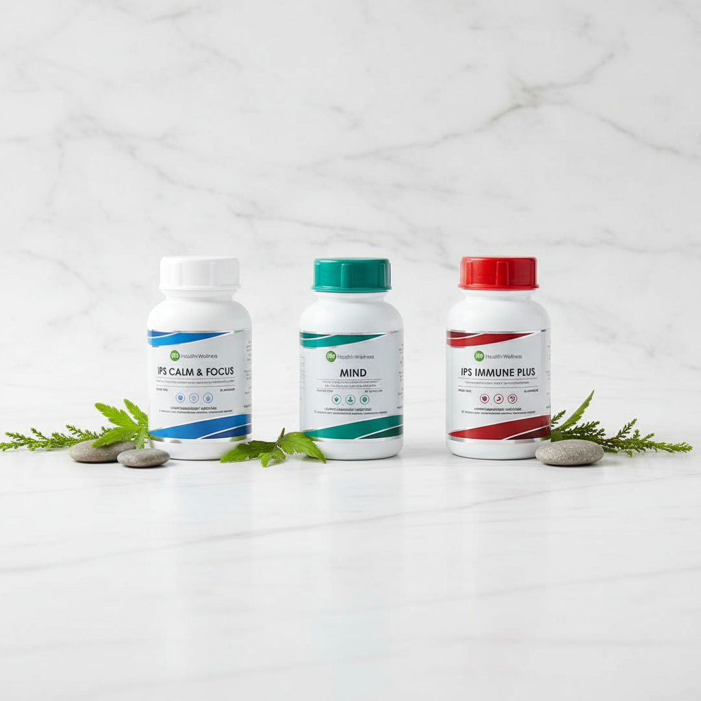 IPS Premium Stress Stack – three bottles on white marble