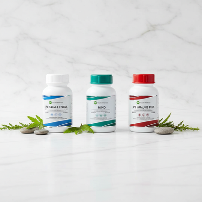 IPS Premium Stress Stack – three bottles on white marble