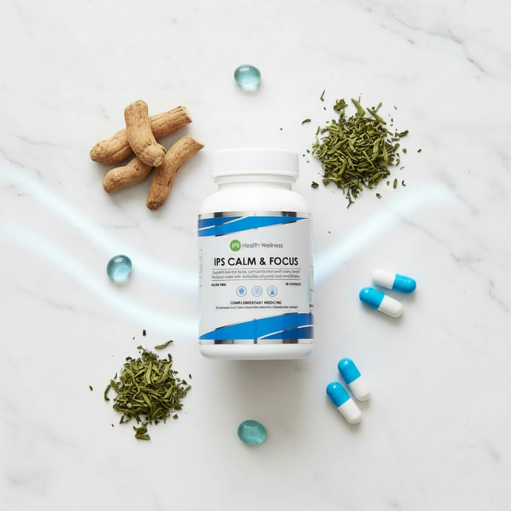 IPS Calm & Focus Flat Lay - Blue & White Capsules, Fewer Pills
