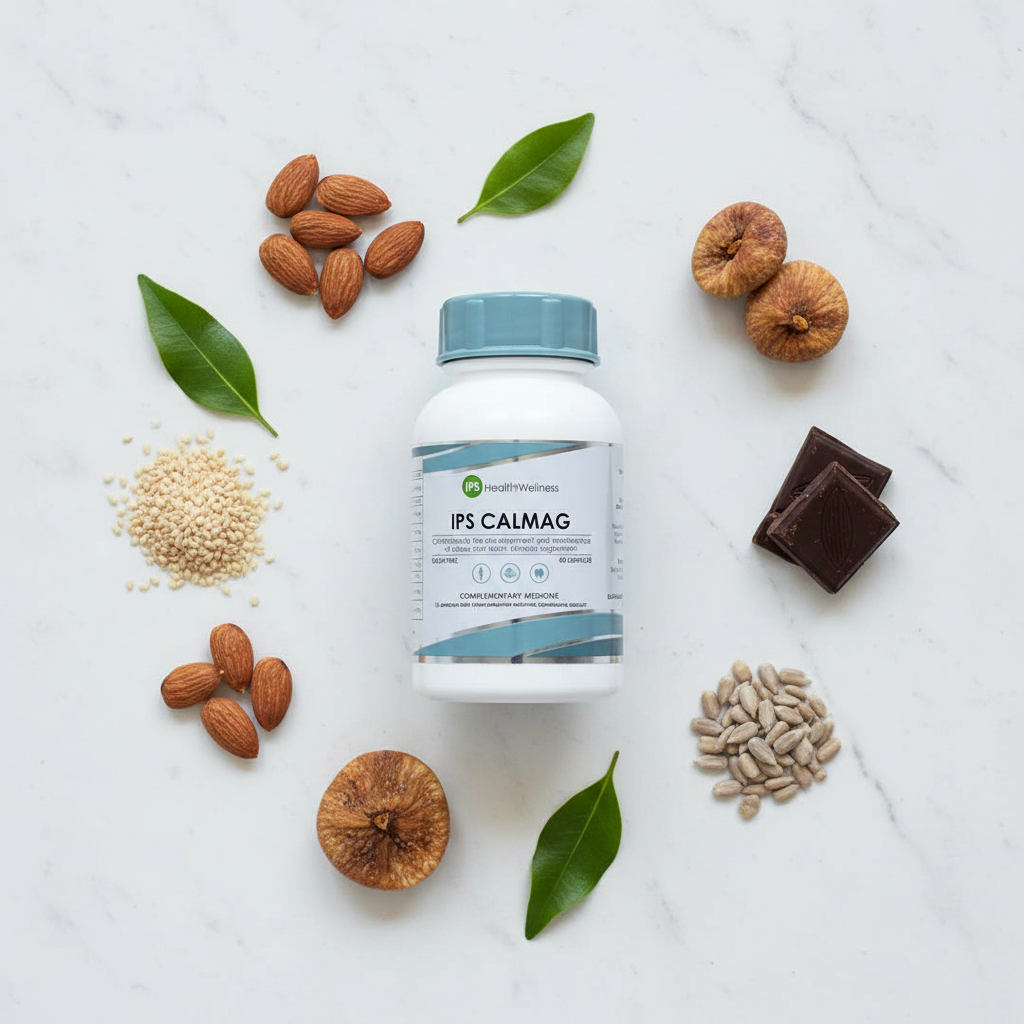 IPS CalMag flat lay on white marble with almonds, sesame seeds, rooibos leaves, figs and sunflower seeds