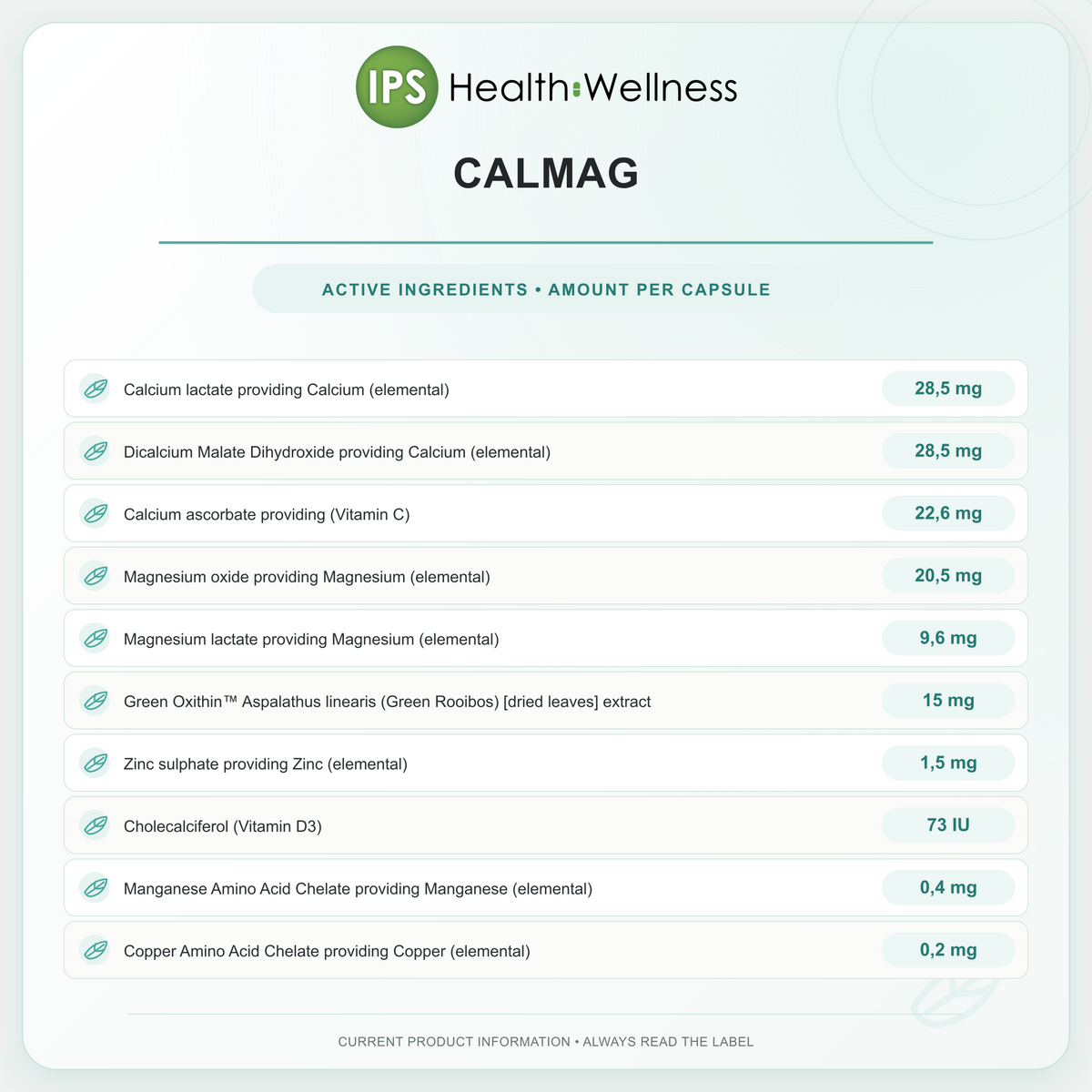CalMag active ingredients and quantities