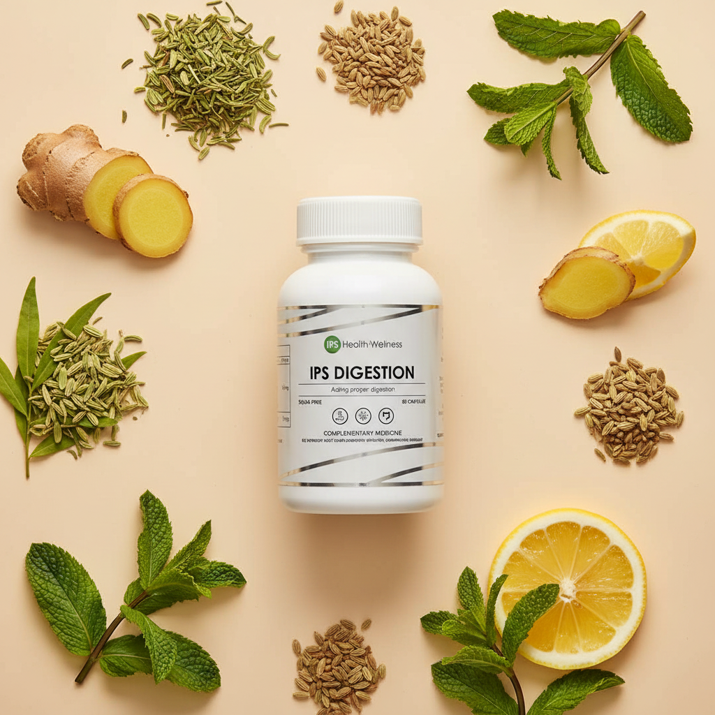 IPS Digestion flat lay on warm cream surface with ginger root, rooibos leaves, fennel seeds, mint and lemon