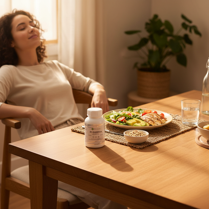 IPS Digestion lifestyle shot with person enjoying a healthy meal at a bright dining table