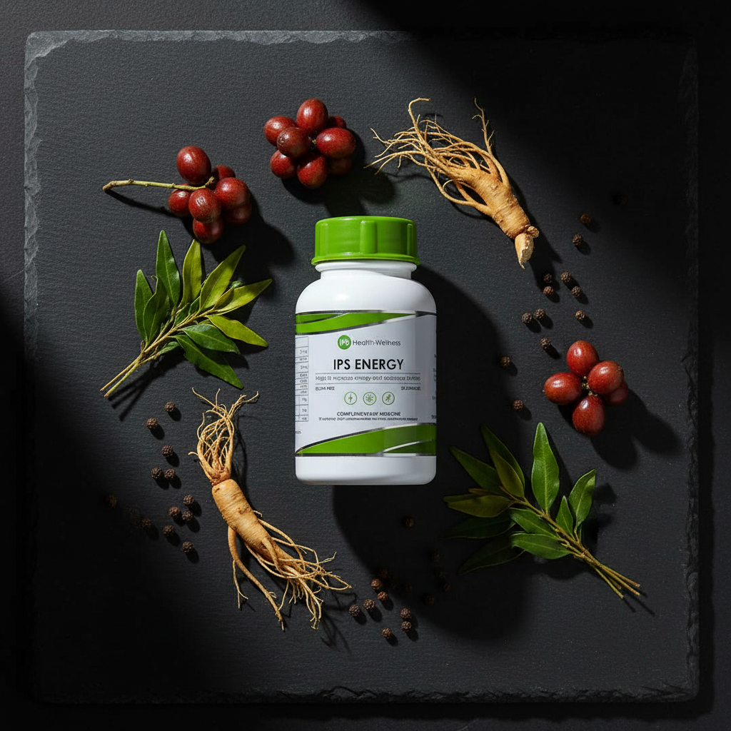 IPS Energy flat lay with guarana berries, ginseng root, rooibos leaves and black pepper