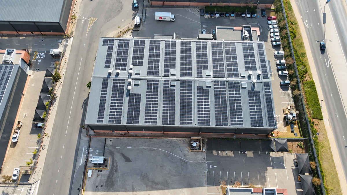 Solar panels on the roof of the IPS manufacturing facility