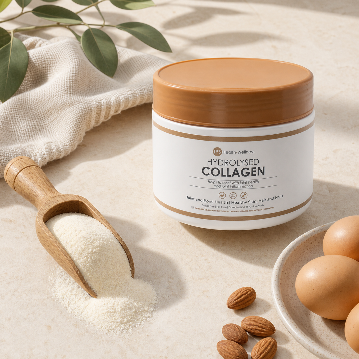 IPS Hydrolysed Collagen flat lay with collagen powder, eggs and almonds