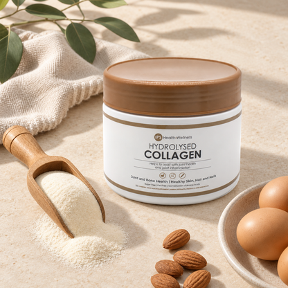 IPS Hydrolysed Collagen tub standing upright on a cream counter with collagen powder, almonds and eggs