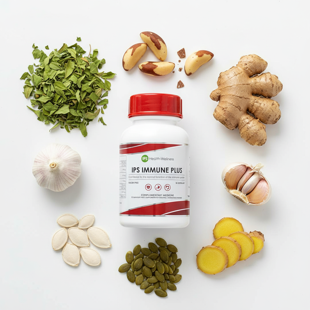 IPS Immune Plus flat lay with rooibos leaves, brazil nuts, pumpkin seeds, garlic and ginger
