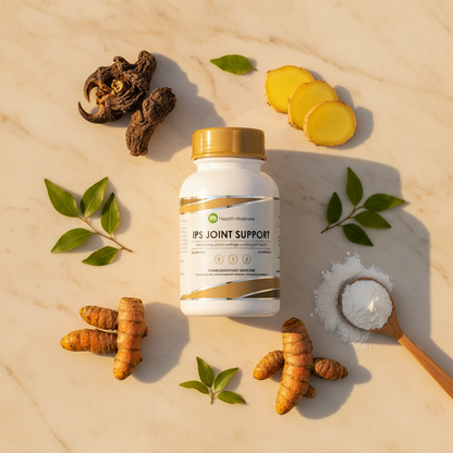 IPS Joint Support flat lay on warm cream marble with devil's claw root, ginger, rooibos leaves and turmeric