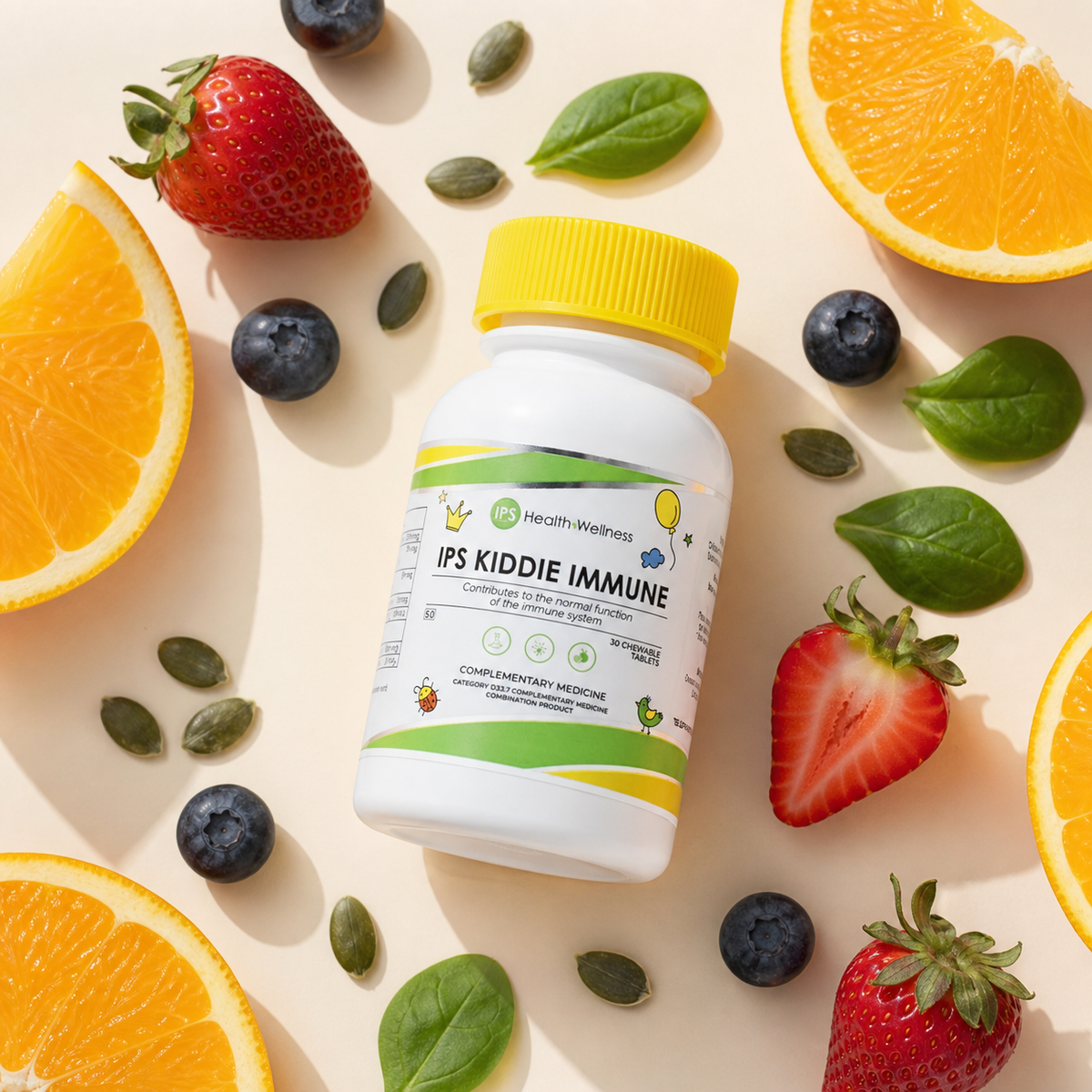 IPS Kiddie Immune flat lay with citrus, berries, greens and pumpkin seeds