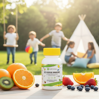 IPS Kiddie Immune lifestyle shot with fresh fruits and cheerful kids setting