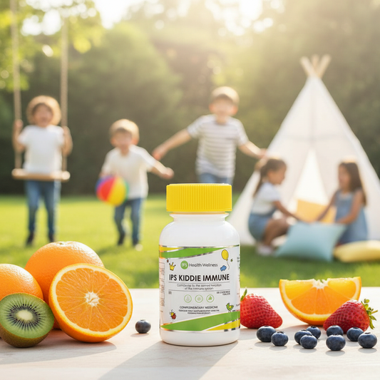 IPS Kiddie Immune lifestyle shot with fresh fruits and cheerful kids setting