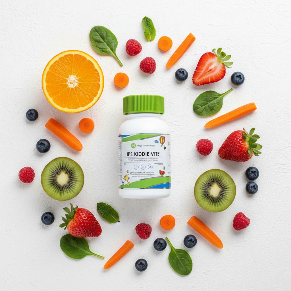 Kiddie Vite flat lay with colourful fruits and vegetables