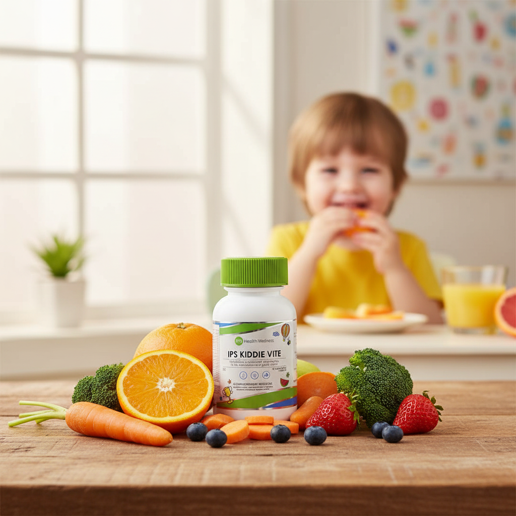 Kiddie Vite lifestyle shot with happy child and fresh colourful produce