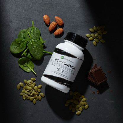 IPS Magnesium flat lay on dark slate with leafy greens, almonds, pumpkin seeds and dark chocolate