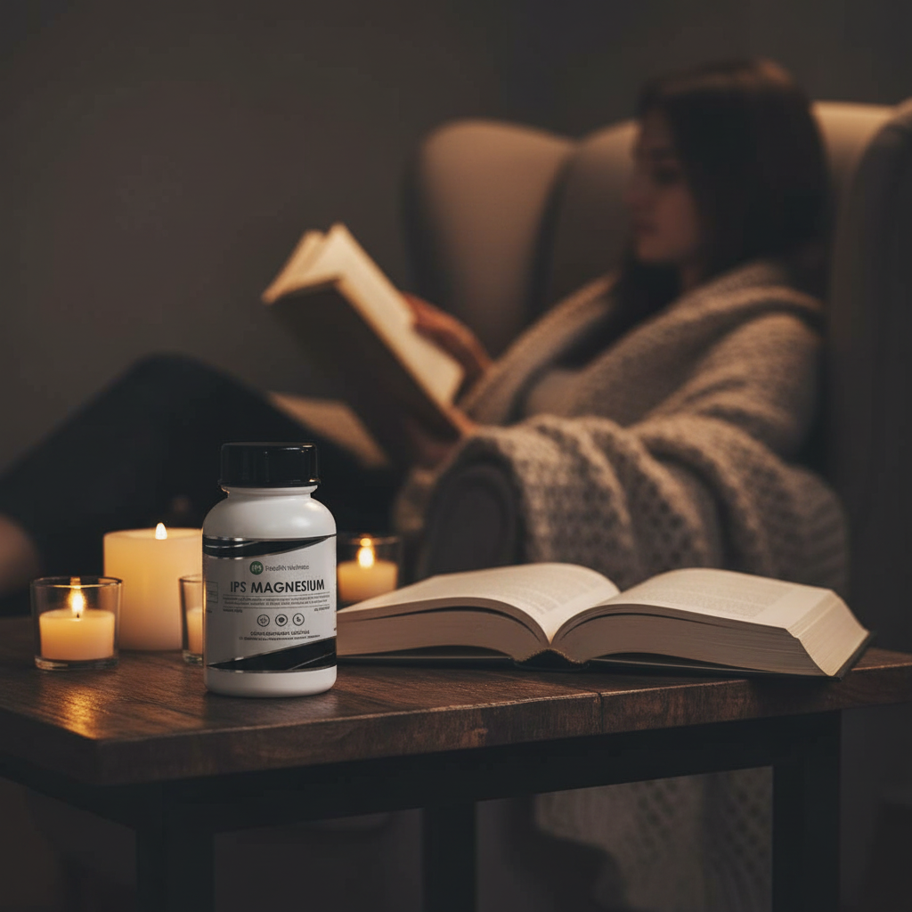 IPS Magnesium lifestyle shot in calm evening setting with candlelight