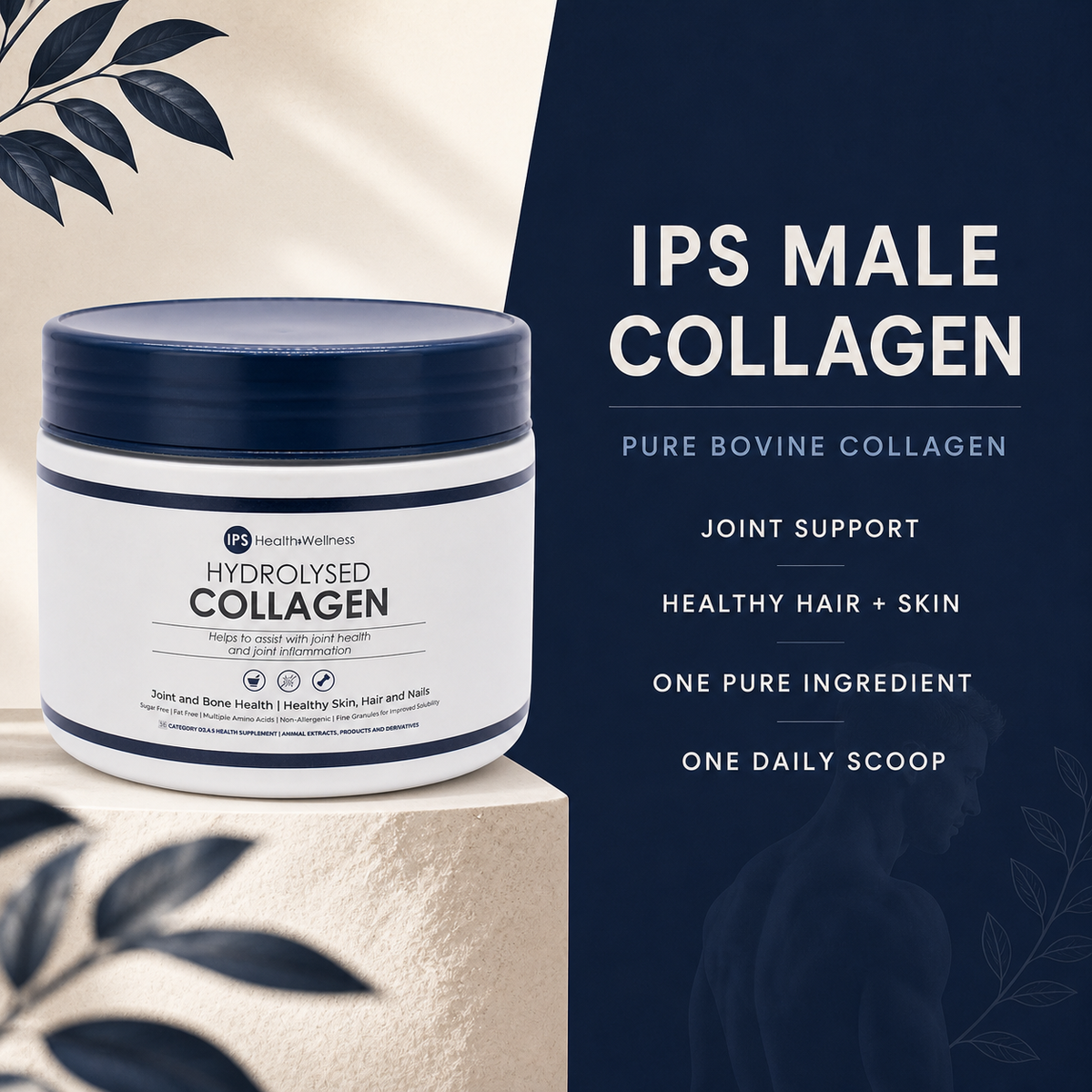IPS Male Collagen benefit snapshot for joints, hair, skin and a daily collagen routine