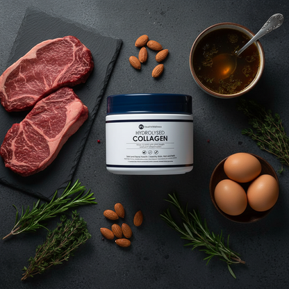 IPS Male Collagen flat lay with beef, bone broth, eggs, almonds and fresh herbs