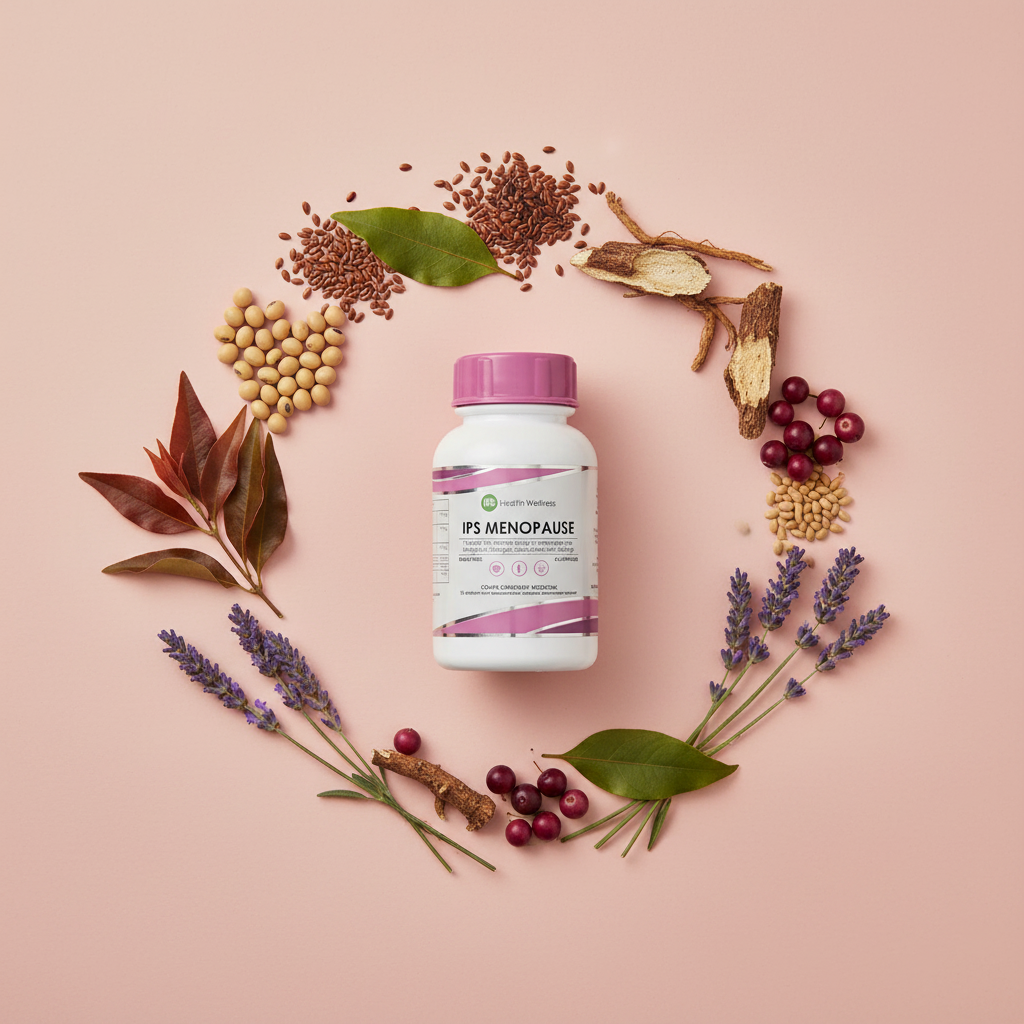 IPS Menopause flat lay on blush pink with soy beans, flaxseeds, black cohosh root, rooibos leaves, chaste tree berries and lavender