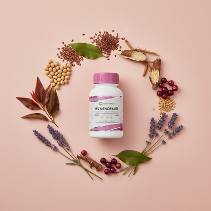 IPS Menopause flat lay on blush pink with soy beans, flaxseeds, black cohosh root, rooibos leaves, chaste tree berries and lavender