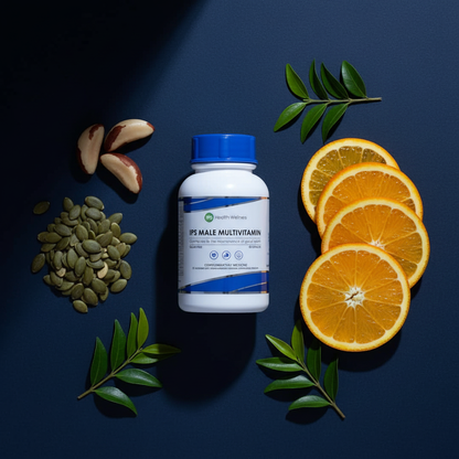 IPS Male Multivitamin flat lay on dark navy surface with pumpkin seeds, brazil nuts, orange slices and rooibos leaves