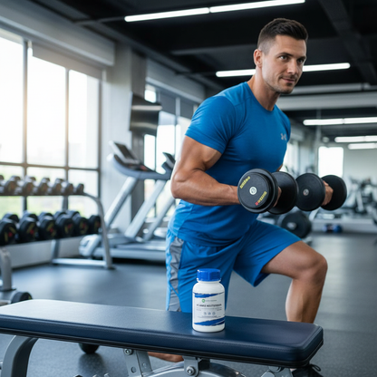 IPS Male Multivitamin lifestyle shot with athletic man in modern gym
