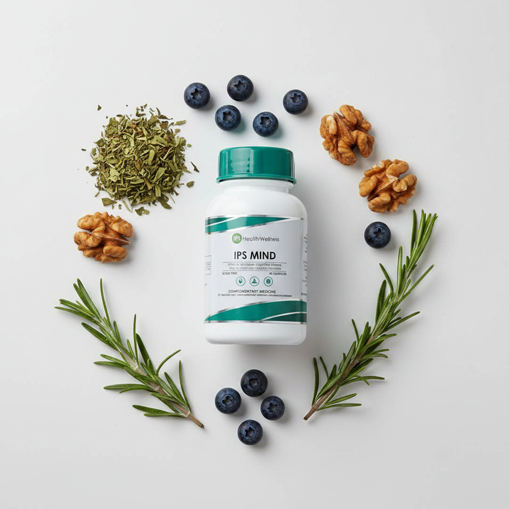 IPS Mind flat lay on light grey surface with rooibos leaves, rosemary, walnuts and blueberries