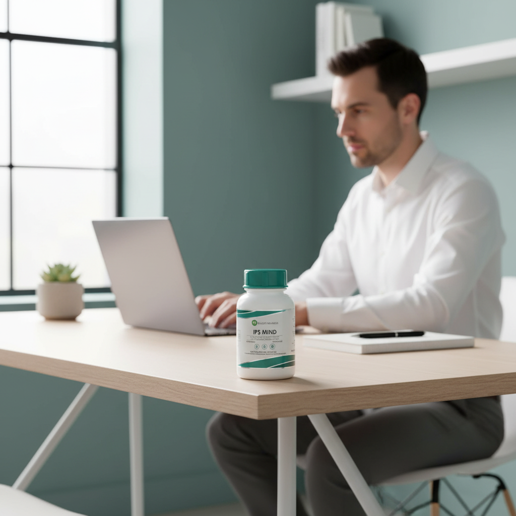 IPS Mind lifestyle shot with focused professional at a clean modern desk in natural light